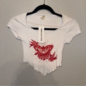 BNWT Urban Outfitters White Crop Top with Red Butterfly Print Size Small